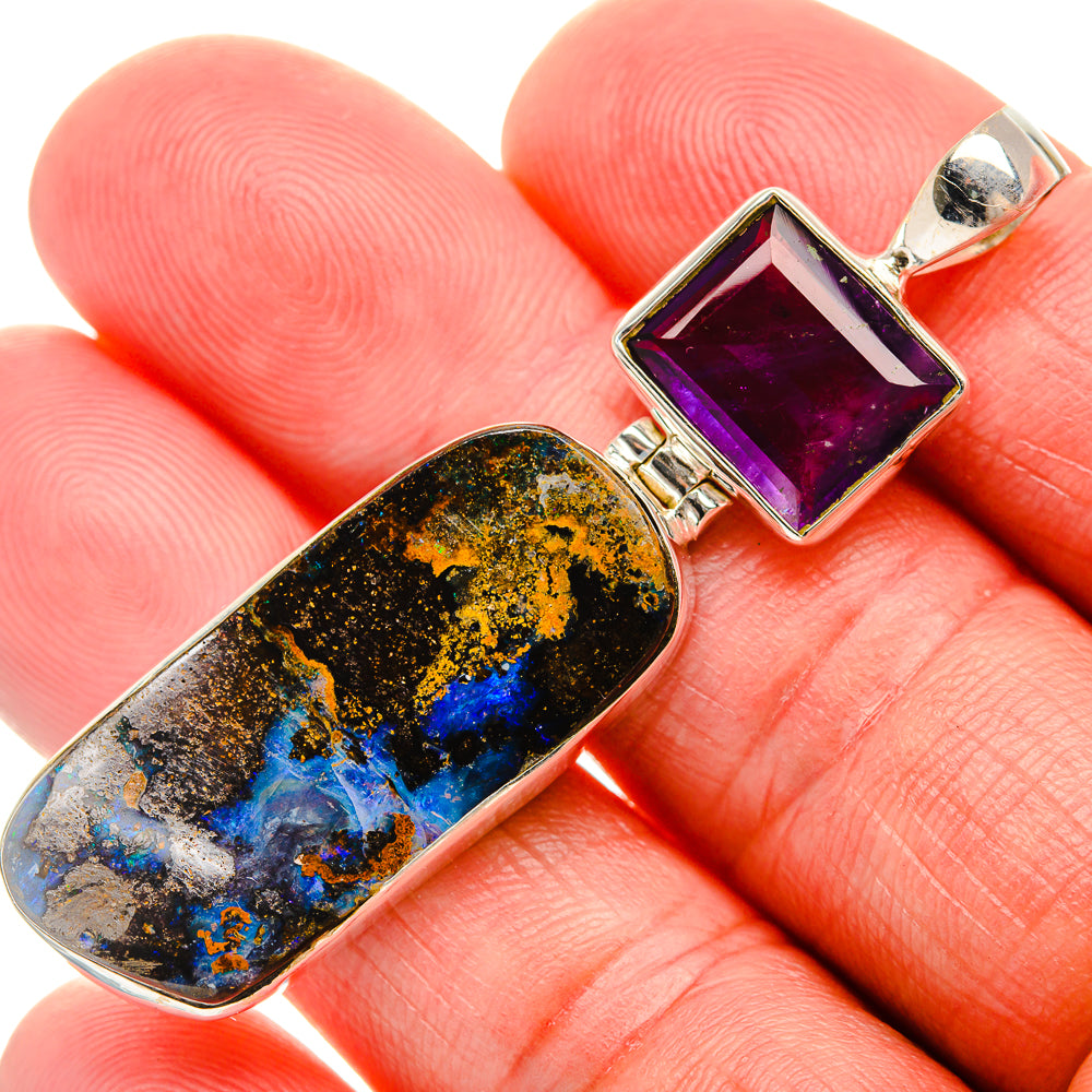 Sterling silver pendant with square amethyst and oval Australian boulder opal inlay