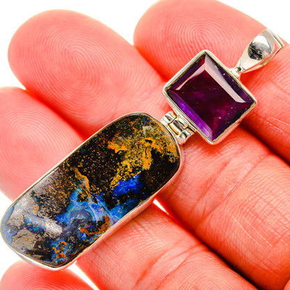 Sterling silver pendant with square amethyst and oval Australian boulder opal inlay
