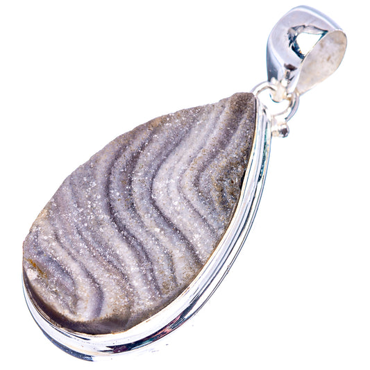 Desert rose druzy pendant .925 sterling silver teardrop with striped gray druzy and bail