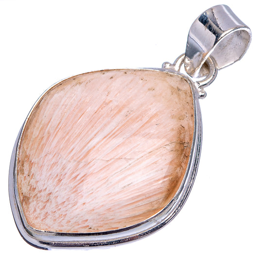 Scolecite pendant with oval peach-white cabochon and .925 sterling silver frame