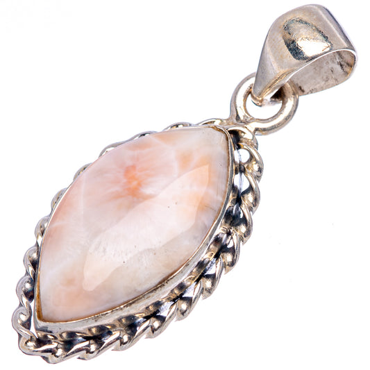 Pink natrolite oval pendant with silver scalloped bezel and top bail loop