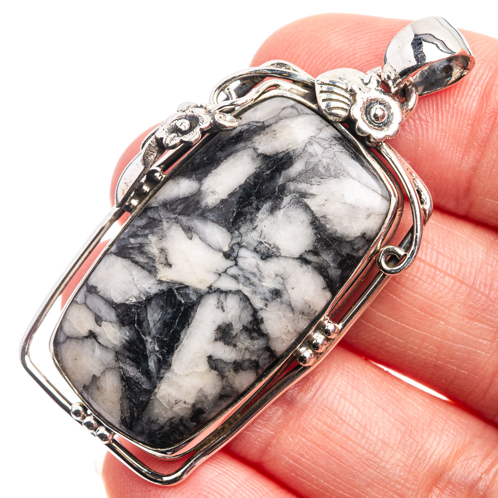 Sterling silver pinolith jasper pendant with rectangular marbled black-and-white stone