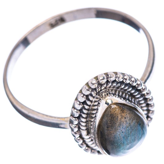 Sterling silver open ring with oval labradorite cabochon and beaded band