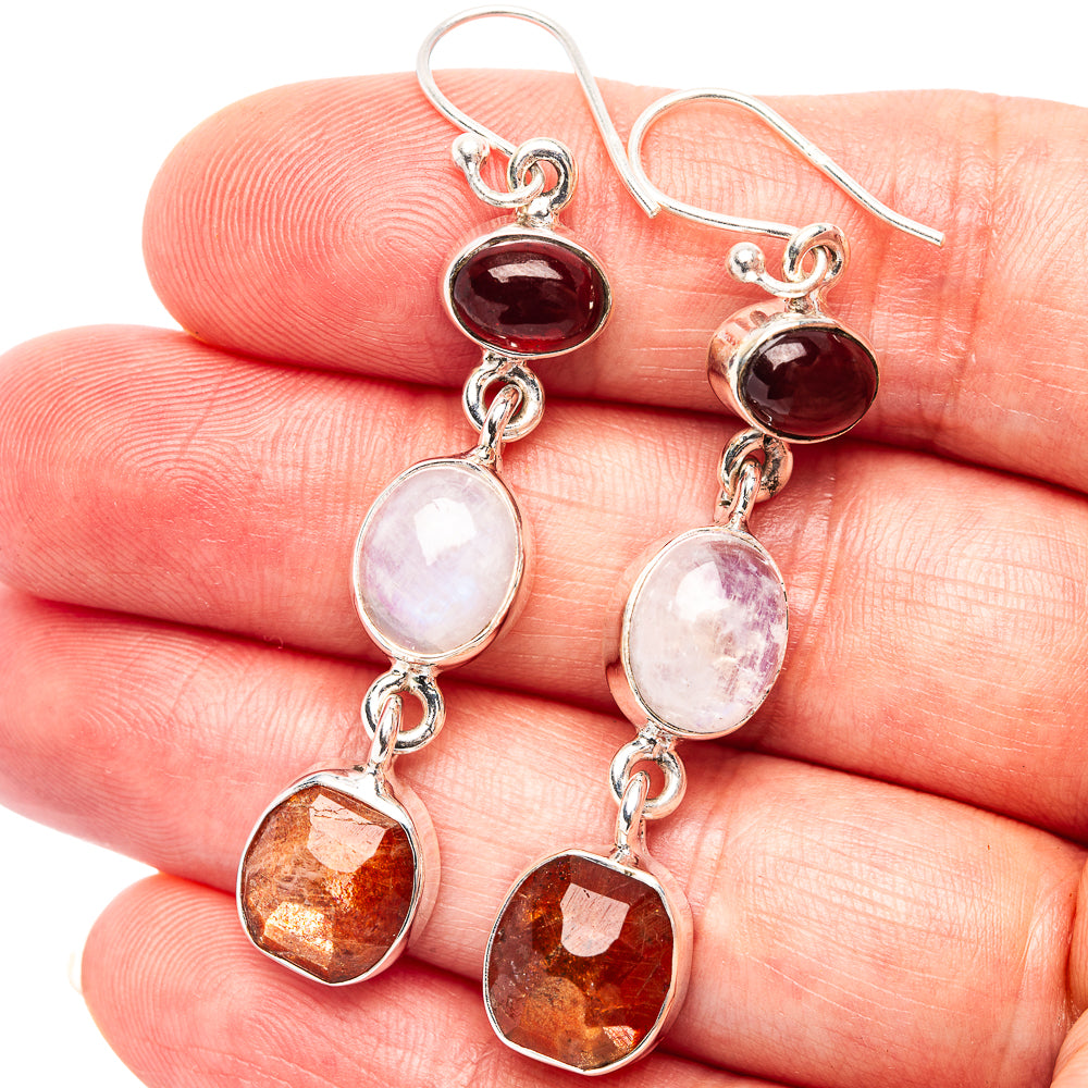 Premium Sunstone, Rainbow Moonstone, Garnet Earrings 2 1/4" (.925 Sterling Silver)