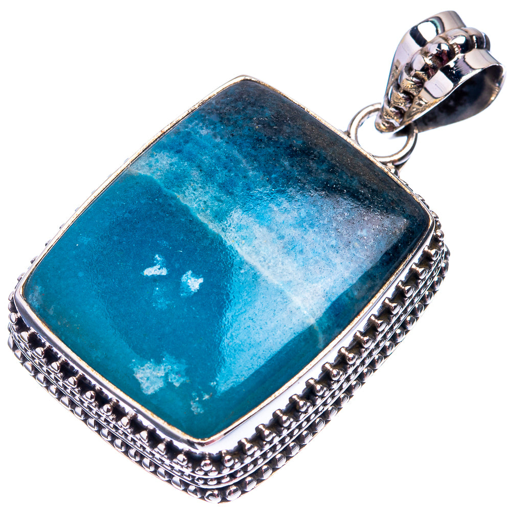 Trollite-in-quartz pendant, rectangular blue stone in ornate 925 silver bezel
