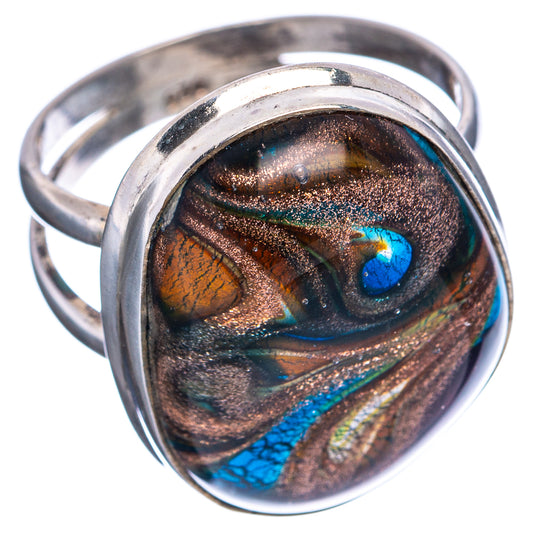 Dichroic glass ring, size 7.75, .925 sterling silver, oval blue-brown swirl