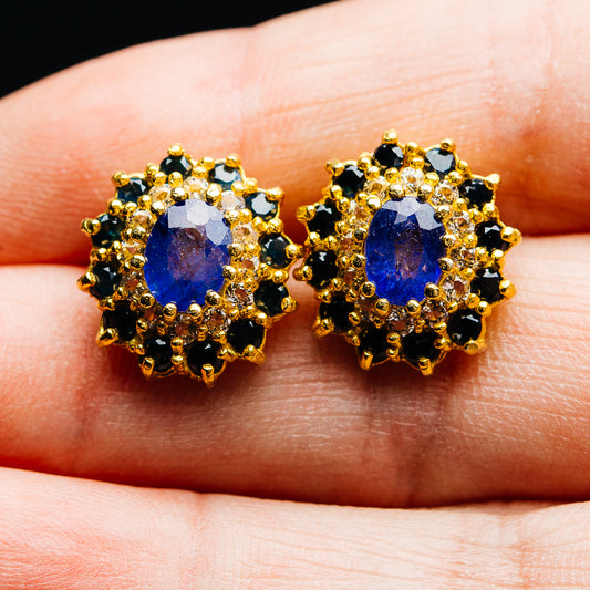 Tanzanite, Sapphire Floral Cluster Earrings 5/8" (.925 Sterling Silver) 24k Gold Plated