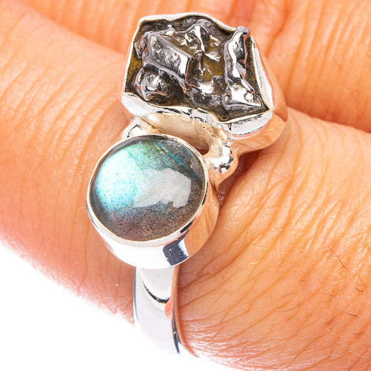 Rare Large Meteorite, Labradorite Ring Size 7.75 (925 Sterling Silver) R7134
