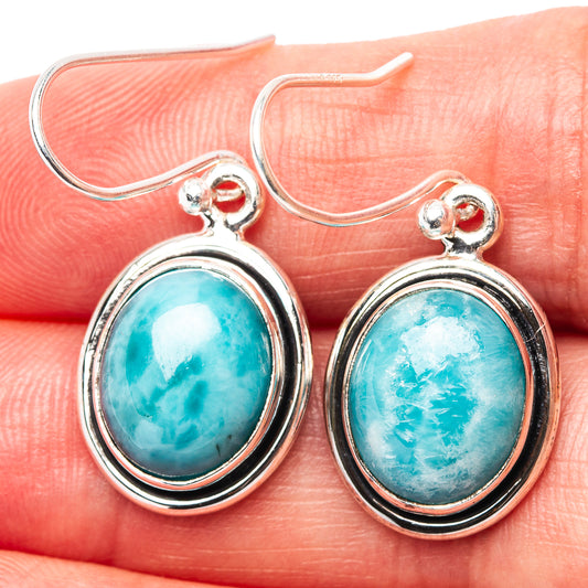 Larimar earrings in .925 sterling silver, oval turquoise-blue cabochon drop with hooks