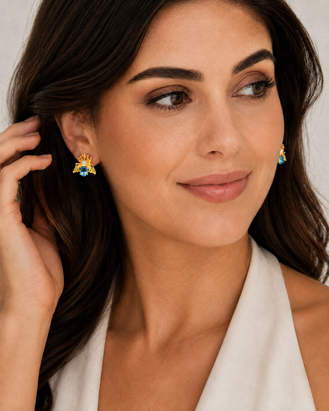 Swiss Blue Topaz, Ethiopian Opal, Rhodolite Garnet, Peridot Bee Earrings 3/4" (.925 Sterling Silver) 24k Gold Plated
