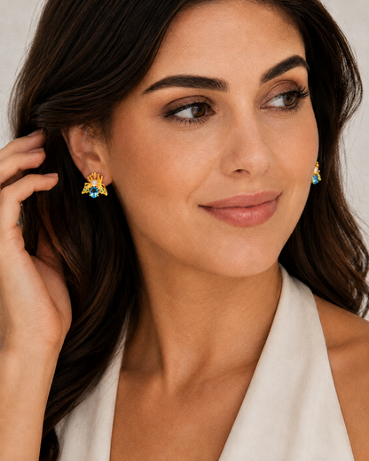 Swiss Blue Topaz, Ethiopian Opal, Rhodolite Garnet, Peridot Bee Earrings 3/4" (.925 Sterling Silver) 24k Gold Plated