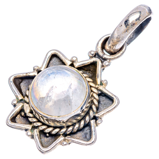 Sterling silver moonstone pendant, round cabochon in floral star setting, loop bail