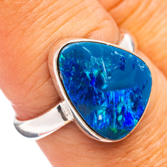 Doublet opal ring in .925 sterling silver, blue teardrop stone bezel setting