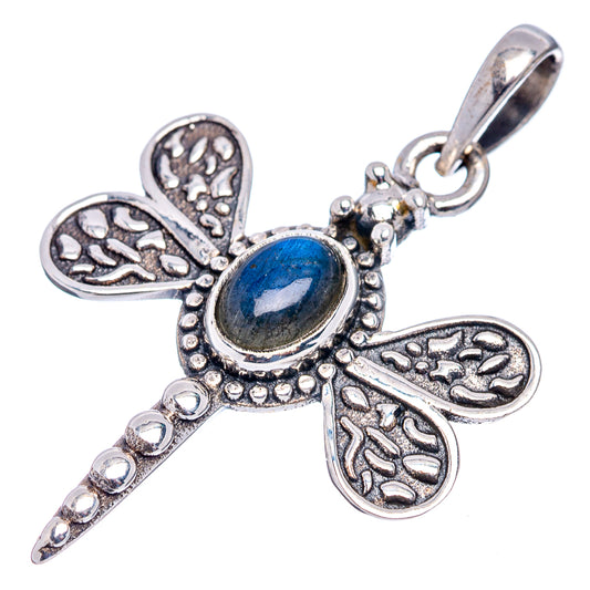 Sterling silver dragonfly pendant with blue labradorite oval and bail