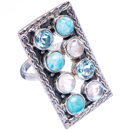 Signature Rainbow Moonstone, Larimar, Blue Topaz Ring Size 7.75 (925 Sterling Silver) R1793