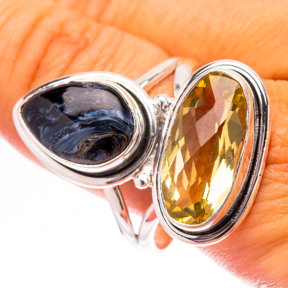 Sterling silver gemstone ring with lemon quartz and blue pietersite, oval stones