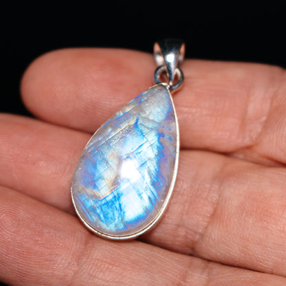 Sterling silver teardrop pendant with blue rainbow moonstone gemstone