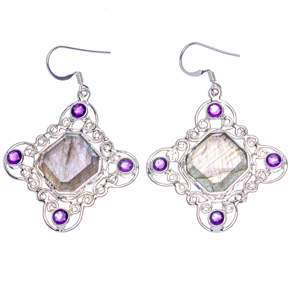 Sterling silver amethyst drop earrings with faceted octagon center stones and purple accents