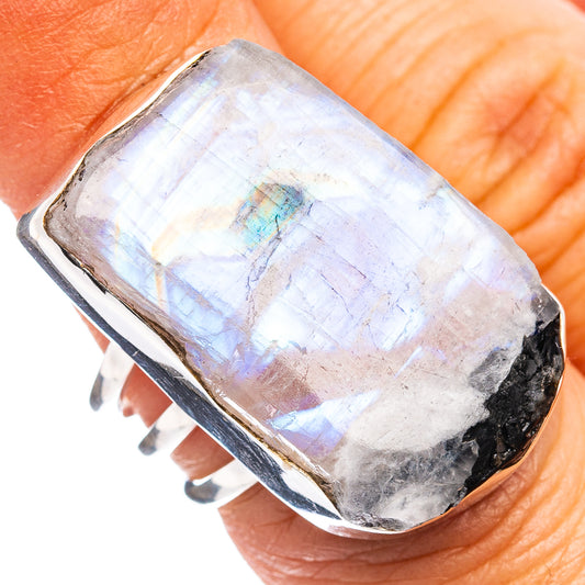 Rainbow moonstone ring with .925 sterling silver bezel, iridescent white stone