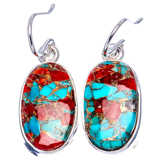 Oval turquoise and red matrix drop earrings on .925 sterling silver hoops