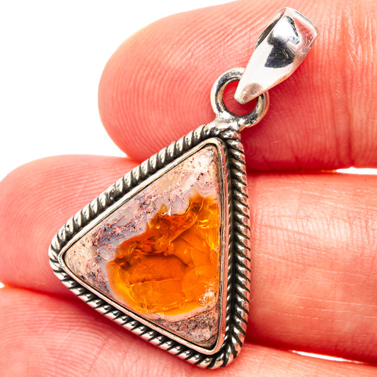 Triangular sterling silver pendant with orange fire opal stone and rope bezel, bail loop.