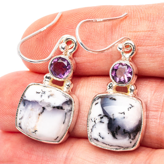 925 sterling silver earrings with purple amethyst drops and white dendritic agate