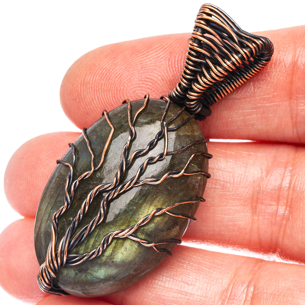 Oxidized copper tree-of-life pendant with labradorite cabochon