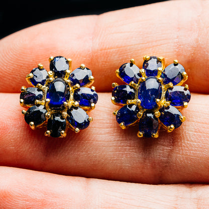 Sapphire Floral Cluster Earrings 5/8" (.925 Sterling Silver) 24k Gold Plated