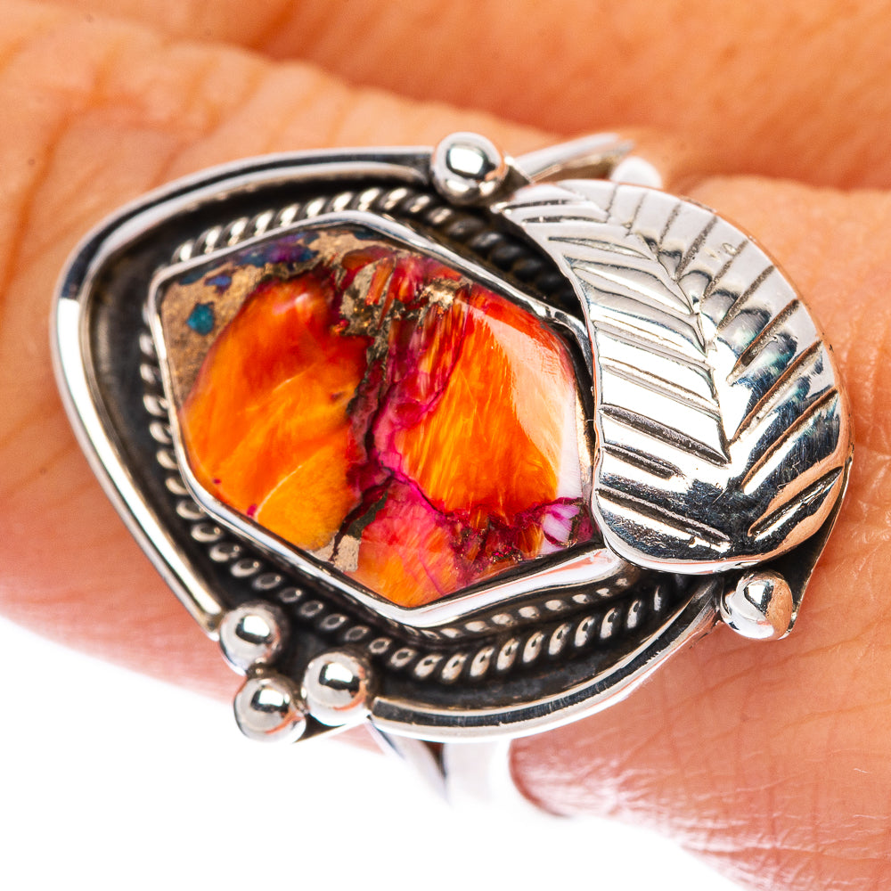 Sterling silver ring with oval multicolor gemstone and leaf side detail