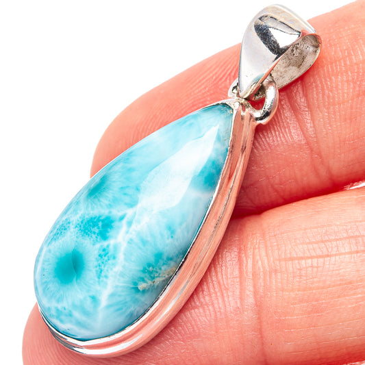 Turquoise larimar teardrop pendant in .925 sterling silver with hinged bail