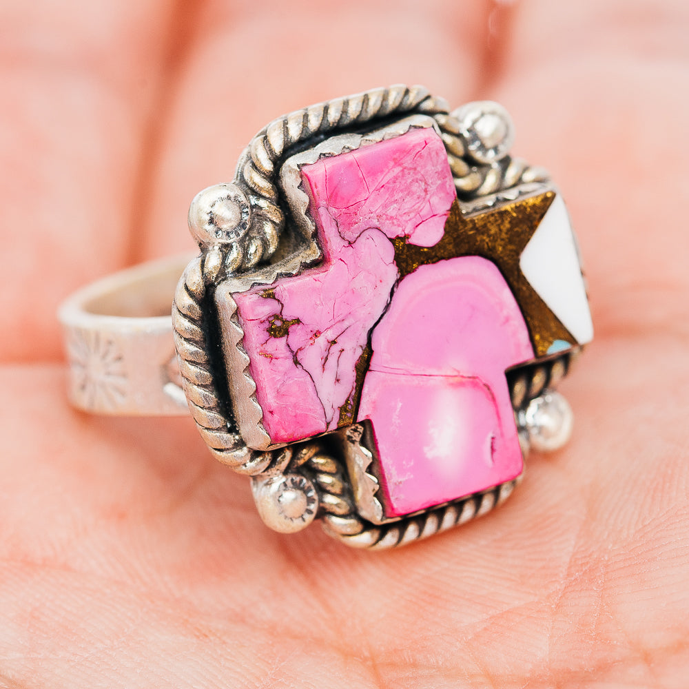 Exclusive Cotton Candy Turquoise Cross Ring Size 10 Adjustable (.925 Sterling Silver)