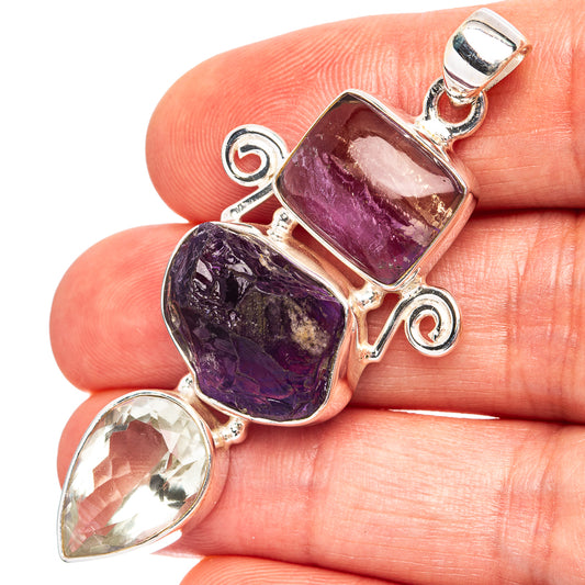 Sterling silver gemstone pendant with square purple amethyst and clear teardrop charm