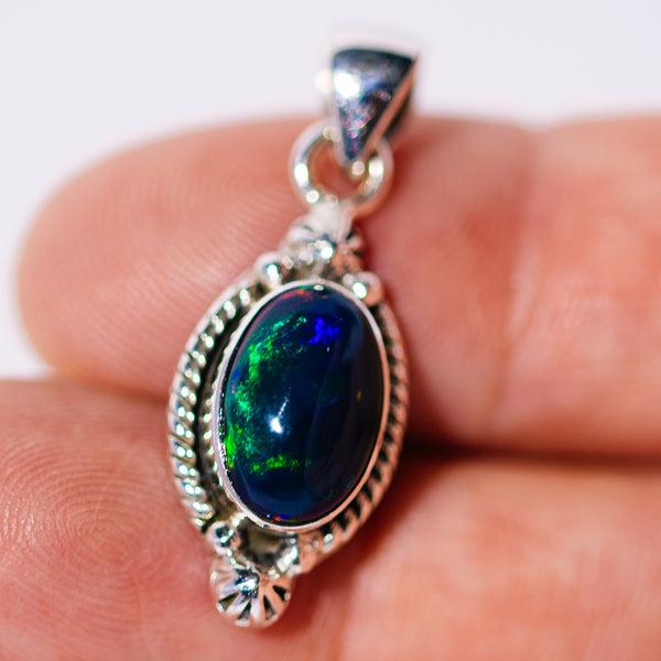 Black Ethiopian Opal Pendant 1 1/8" (.925 Sterling Silver)