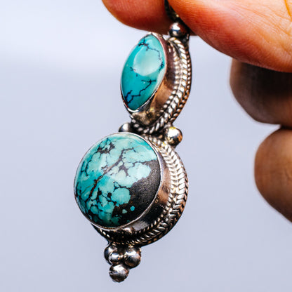 Tibetan Made Vintage Turquoise Pendant 2 3/8" (.925 Sterling Silver)