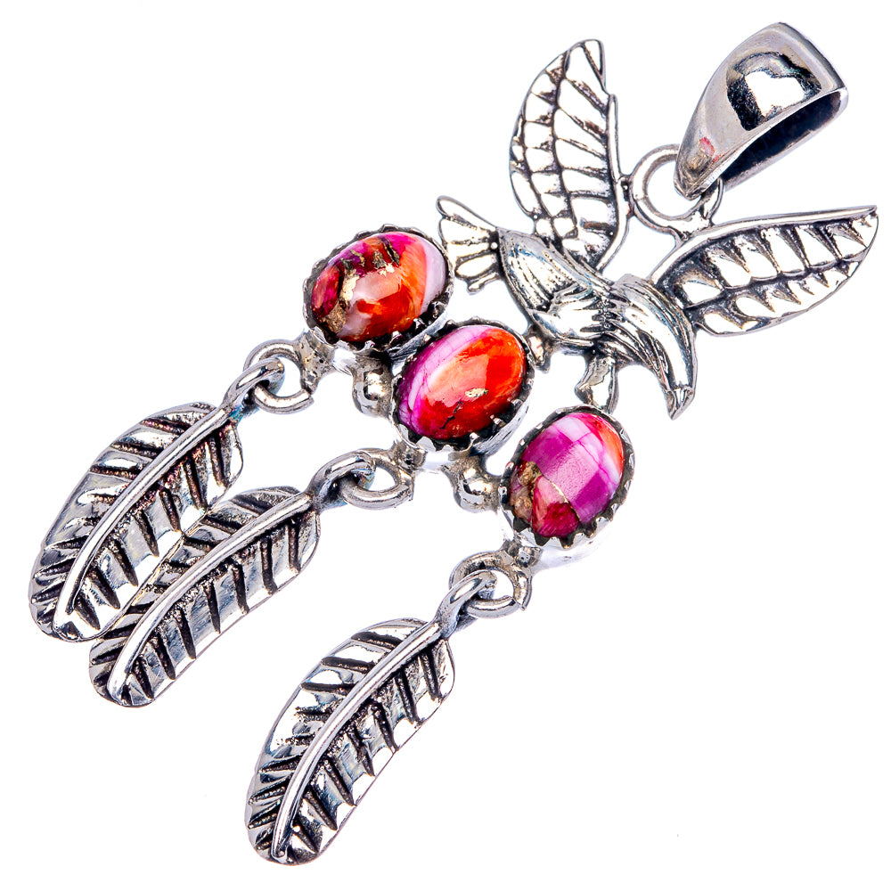 Eagle charm pendant with dangling feather links in 925 sterling silver and pink beads