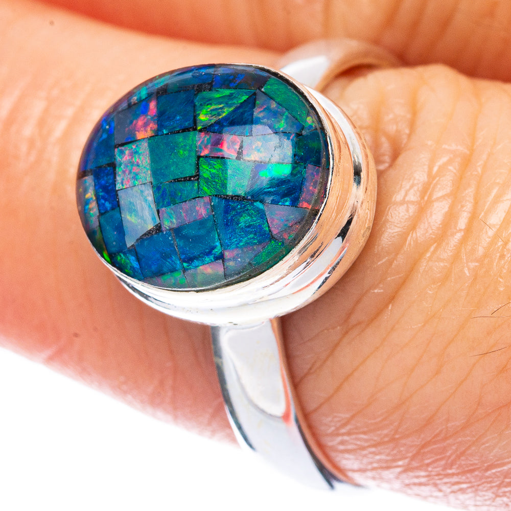 Sterling silver opal triplet ring, blue-green mosaic oval with polished band