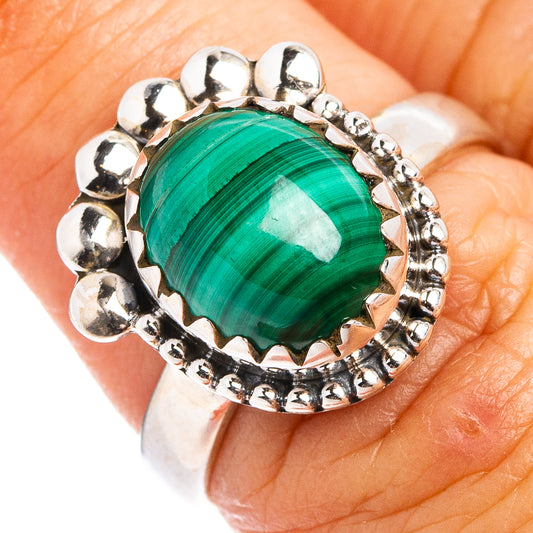 Malachite cabochon sterling silver ring with round bead halo, size 6.5