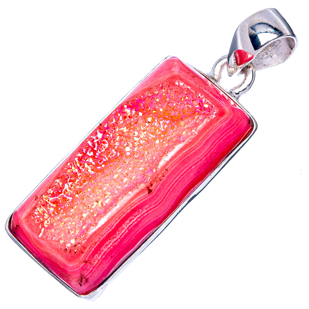 Pink druzy quartz pendant, rectangular bezel with sterling silver bail, angled view.