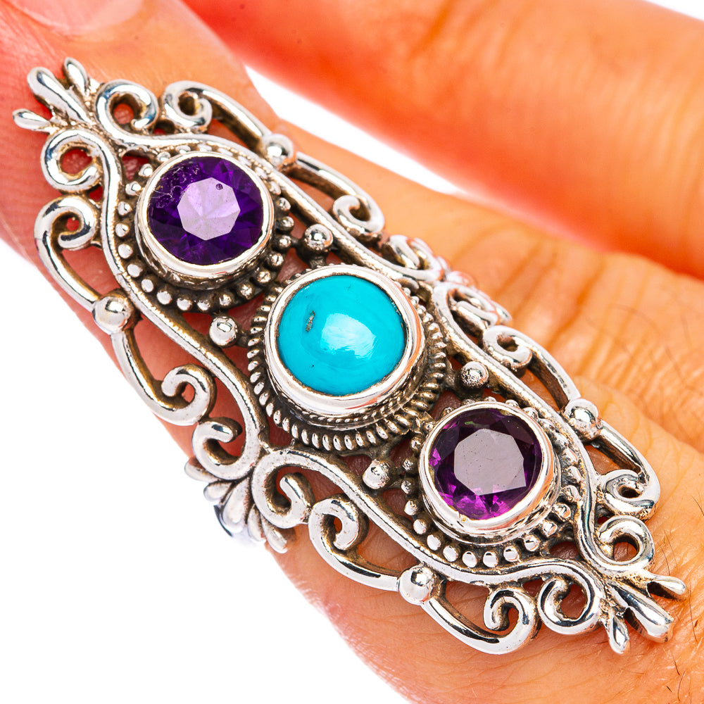 Turquoise and amethyst cabochon ring with silver filigree, size 5.75