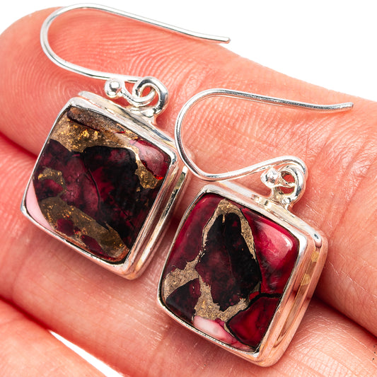 925 sterling silver square red and purple gemstone bezel earrings with French hooks, close-up