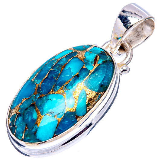Sterling silver turquoise oval pendant with glossy blue stone and gold veining, top bail.