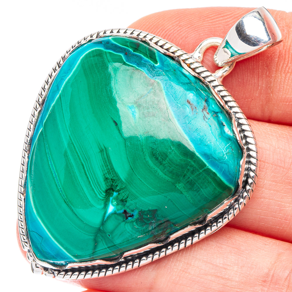 Large teardrop malachite pendant in 925 sterling silver bezel