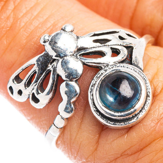 Sterling silver dragonfly dainty ring with blue round stone and openwork wings