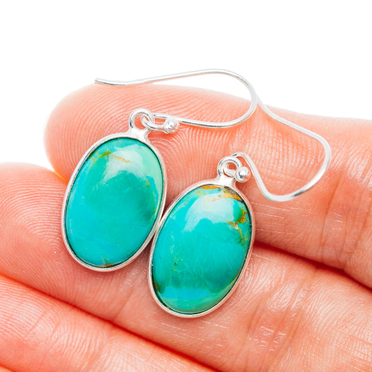 Silver fishhook earrings with oval turquoise stones in oval bezels