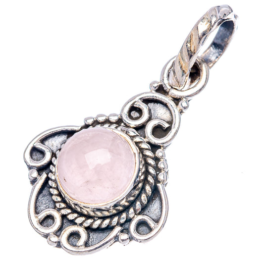 Round rose quartz pendant .925 sterling silver, ornate bezel and top loop for chain