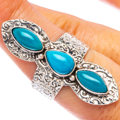 Large turquoise teardrop triple-stone ring in 925 sterling silver, ornate setting