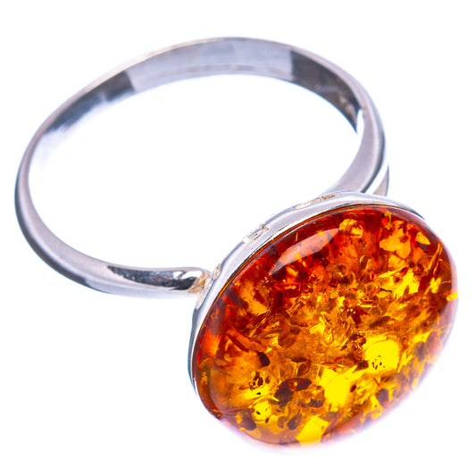 Oval amber cabochon sterling silver adjustable ring with rounded open band