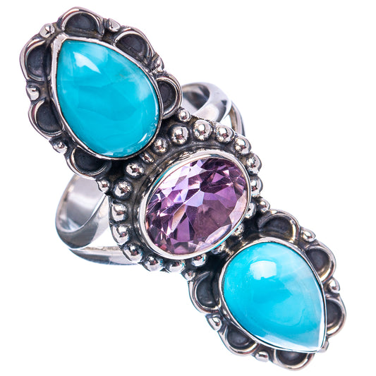 925 sterling silver ring with two blue oval larimar stones and a purple amethyst centerpiece.