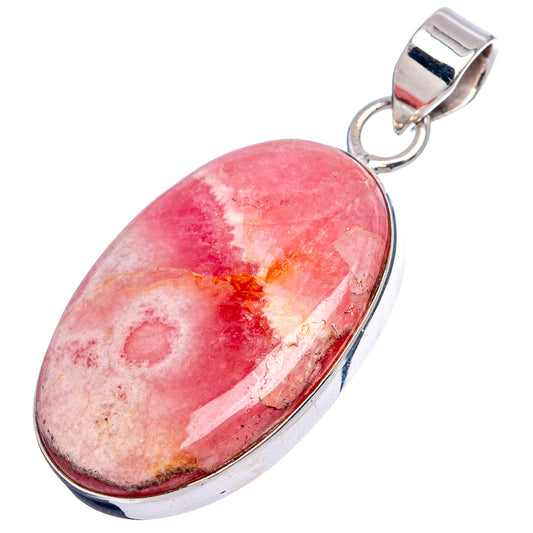 Oval rhodochrosite pendant in .925 sterling silver, pink cabochon with polished silver bezel