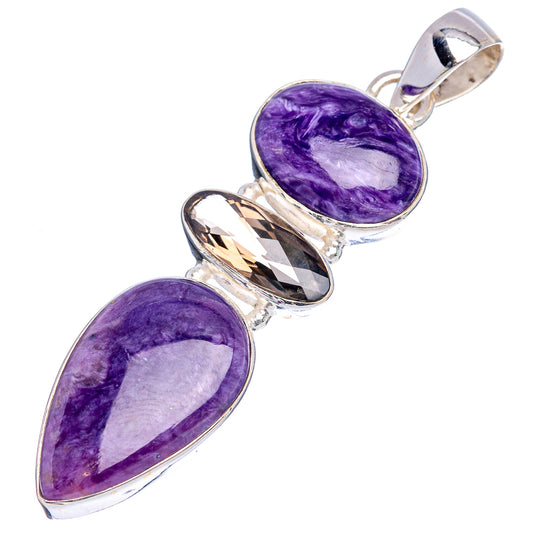 Sterling silver pendant with purple charoite drop, smoky quartz bar, and bail